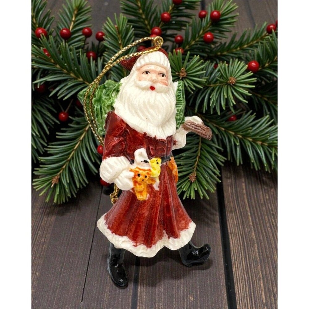 Vintage Santa Claus Christmas Ornament With Tree & Toys Festive Holiday Decor